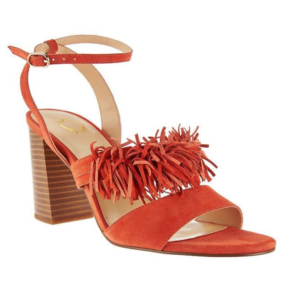 NIB C Wonder Slingback Tomato Red Wood Block Heels Leather Suede Fringe Sandal 8